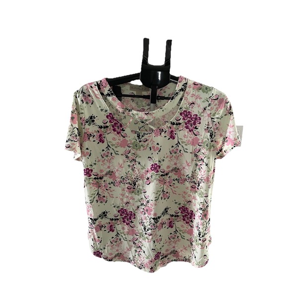 Emaline Tops - Emaline Ladies Top Size L Light Green Pink Floral Accents